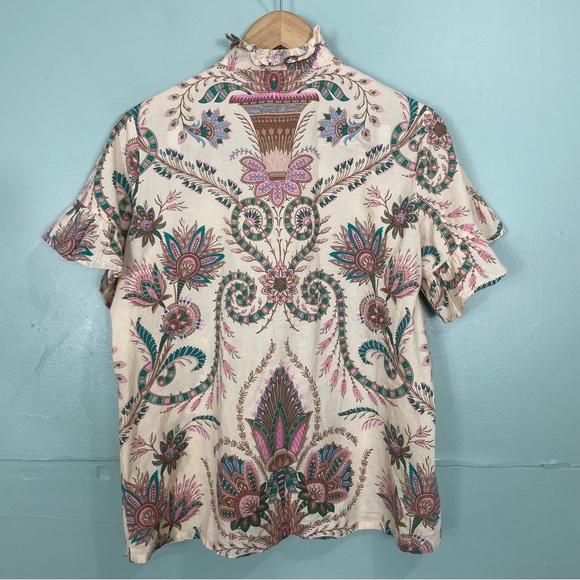 Mille Vanessa Top Versailles Women Sz Medium Cream Multi Button Down Ruffle - Picture 7 of 10